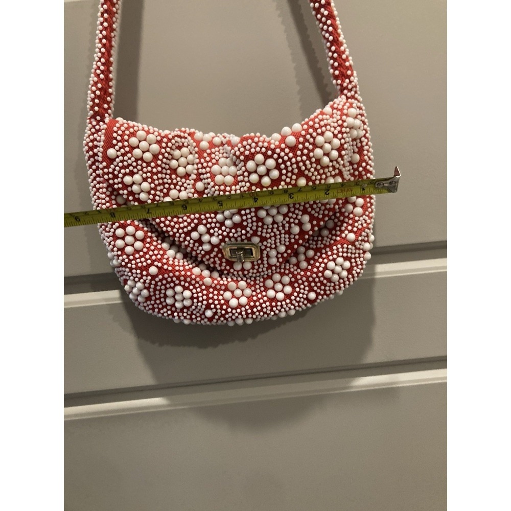Vintage 1960s 70s Handmade Hong Kong Beaded Shoulder Bag Red White Floral Mod - Picture 5 of 9